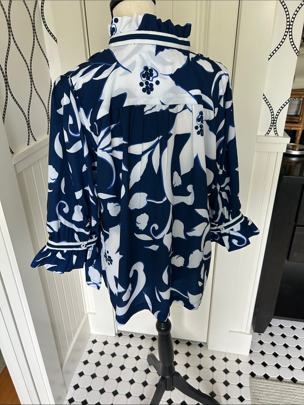 Gretchen Scott Designs Navy and White Floral Ruffle Neck Blouse - Picture 3 of 3
